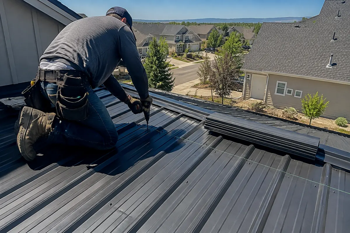 Exposed-Fastener Metal Roofing underway on a property in Boise, ID